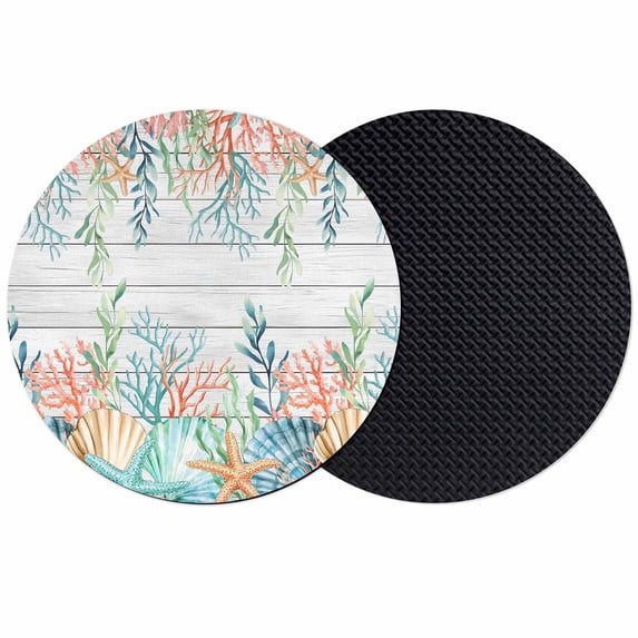 Summer Coastal Coasters Set of 2, Absorbent Coasters for Drinks, Nautical Sea Coral Shell Starfish Wood Gray Coaster for Desk Coffee Table Protection, Home Decor House Warming Gifts 4"