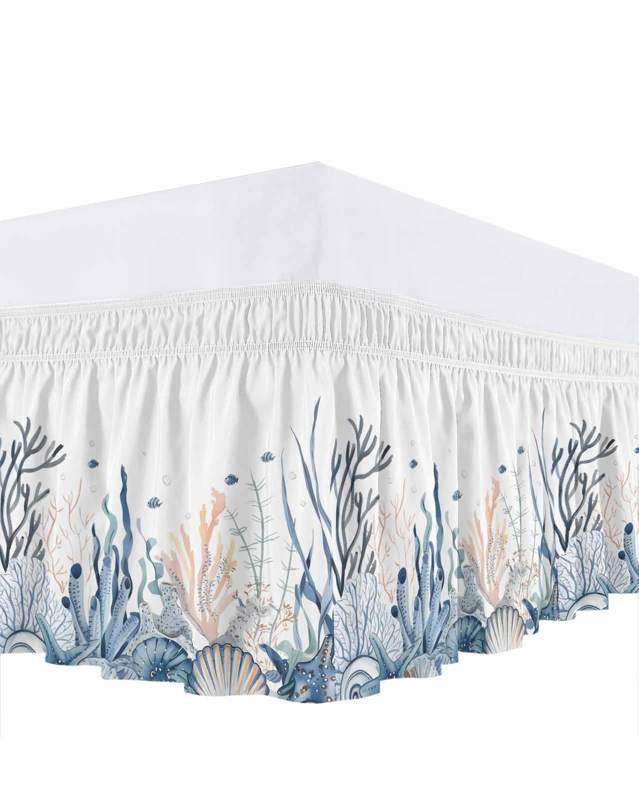 Summer Coastal Coral Bed Skirt Queen Size, Blue Ocean Conch Shell Blue Wrap Around Bed Skirting with Adjustable Elastic Strap, Dust Ruffle Pleated Bedskirts 16 Inch Drop for Bedroom Queen Beds