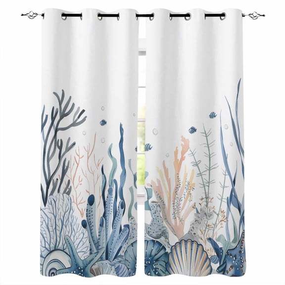 Summer Coastal Coral Blackout Curtains 96 Inches Long,Thermal Insualted Grommet Curtains & Drapes,Blue Ocean Conch Shell Blue Room Darking Curtains for Living Room Bedroom Windows 2 Panels 52"W x96"L