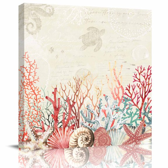 Summer Coastal Coral Canvas Print Wall Art Painting, Modern Wall Decor for Bedroom Living Room Giclee Artwork HD Picture Strenched and Framed Beach Starfish Ocean Shell 8x8 inch