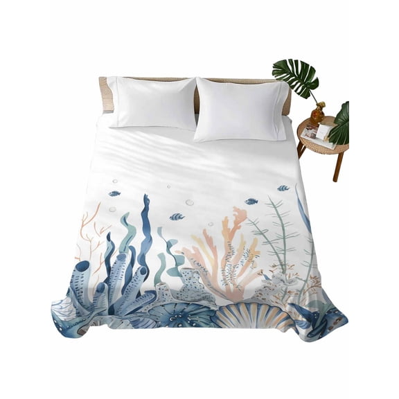 Summer Coastal Coral Flat Sheet Only Twin Size, Soft Breathable Bed Top Sheets for Mattress, Blue Ocean Conch Shell Blue Luxury Bedding Flat Sheets for Home Hotel Bedroom Bed Protection