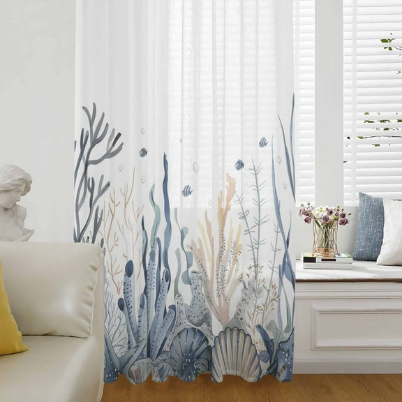 Summer Coastal Coral Semi Sheer Curtains Drapes for Living Room, Bedroom, French Doors Window 45 Inches Long, Blue Ocean Conch Shell Blue Rod Pocket Chiffon Curtain Drapery Voile Draperies Panel