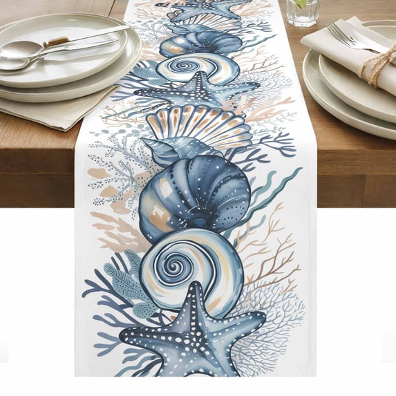 Summer Coastal Coral Table Runner - 72 Inch Long, Kitchen Dining Table Runner Dresser Scarves, Blue Ocean Conch Shell Blue Farmhouse Decor for Coffee Tables Wedding Party Banquet