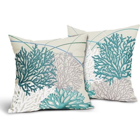 Summer Coastal Coral Throw Pillow Covers 18x18 Inch Set of 2 Starfish Beach Nautical Pillow Covers Teal Outdoor Pillowscase Linen Square Cushion Covers for Sofa Couch Bedroom Living Room Decor