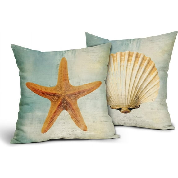 Summer Coastal Coral Throw Pillow Covers Set of 2 18x18 Inch Starfish Shell Decorative Outdoor Pillow Cases in Blue Beach Nautical Style for Couch Sofa Bedroom Home Perfect for a Seaside Vibes