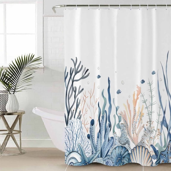 Summer Coastal Coral Waterproof Fabric Shower Curtain, Blue Ocean Conch Shell Blue Shower Curtain for Bathroom Curtains Bathtubs Hotel Washable Shower Curtains with 12 Hooks Standard 66x72