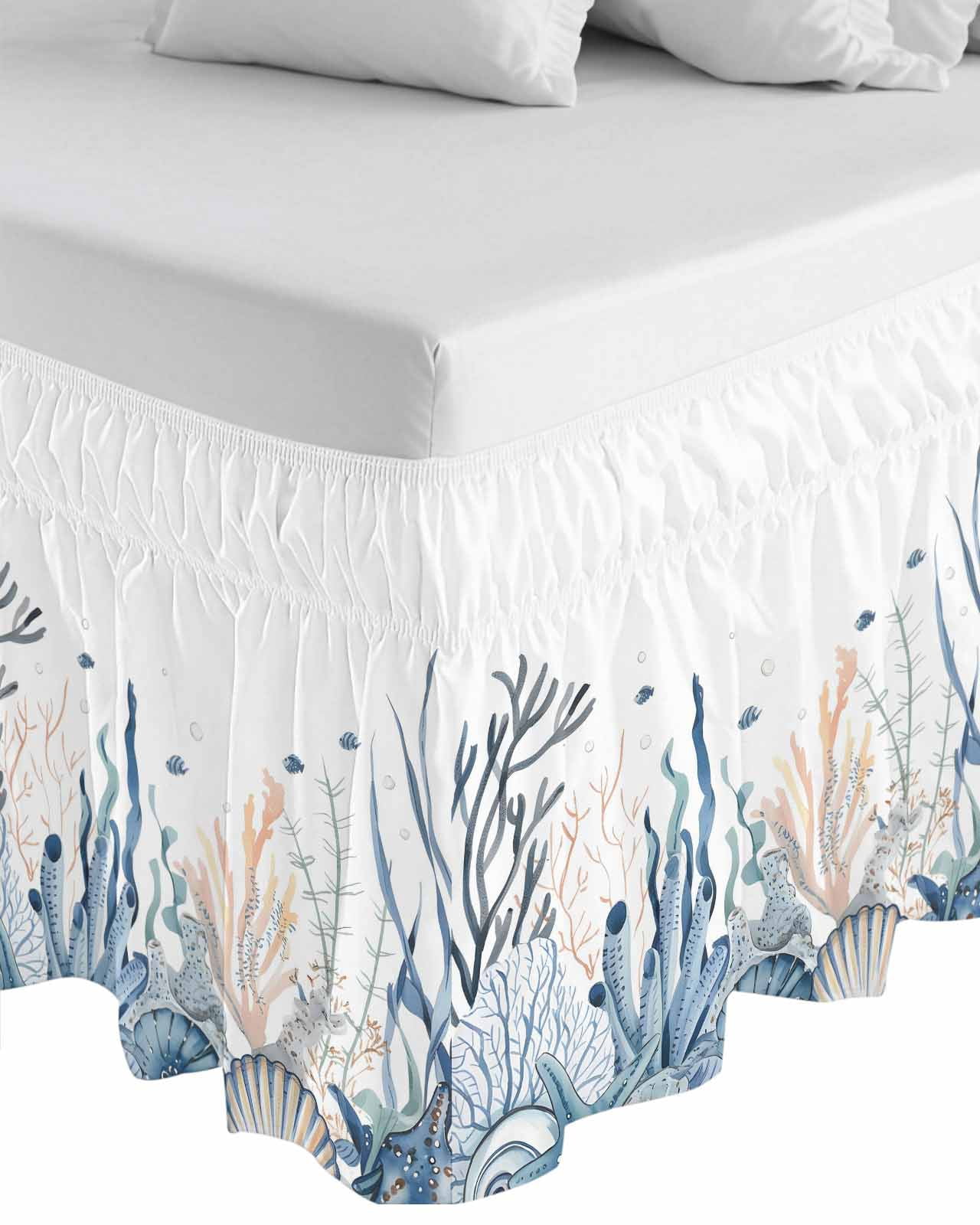 Summer Coastal Coral Wrap Around Bed Skirts for Queen Bed 16" Drop, Bed Skirt with Adjustable Elastic Belt Dust Ruffle Bed Valance for Bedroom Hotel Luxury Blue Ocean Conch Shell Blue Bed Frame Cover