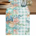 thumbnail image 1 of Summer Coastal Cotton Linen Table Runner for Dining Kitchen, Watercolor Corals Shells Starfish Green Plaid Wedding Outdoor Party Tablerunners, Dresser Scarf Coffee Tablecloth Runners 13x90 Inches, 1 of 9