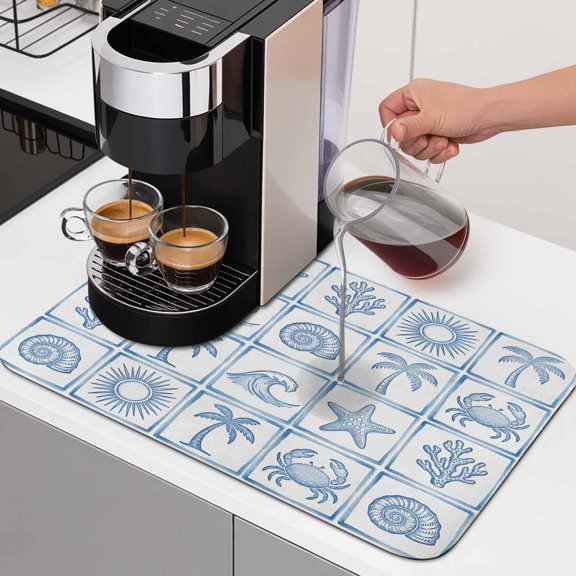 Summer Coastal Dish Drying Mats for Kitchen Counter, Blue Ocean Waves Shell Crab Coconut Tree Absorbent Coffee Bar Mat with Non-slip Rubber Backed Quick Drying Dish Rack Pad 12"x16"