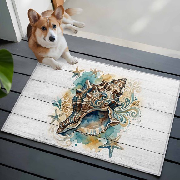 Summer Coastal Front Door Rugs 2x3 ft Brown Retro Texture Conch Starfish Wood Grain Small Rug for Entryway Non Slip Washable Bathroom Door Mat Absorbent Floor Mat for Indoor Entrance