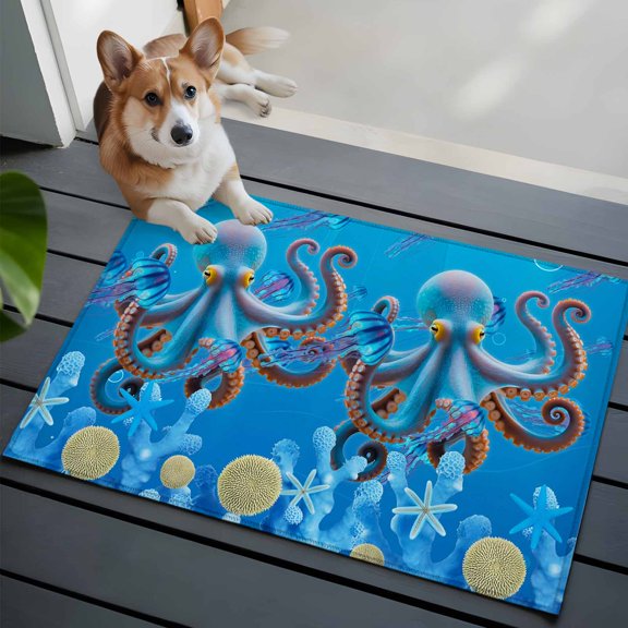 Summer Coastal Front Door Rugs 2x3 ft Ocean Blue Octopus Jellyfish Nautical Coral Bubble Small Rug for Entryway Non Slip Washable Bathroom Door Mat Absorbent Floor Mat for Indoor Entrance