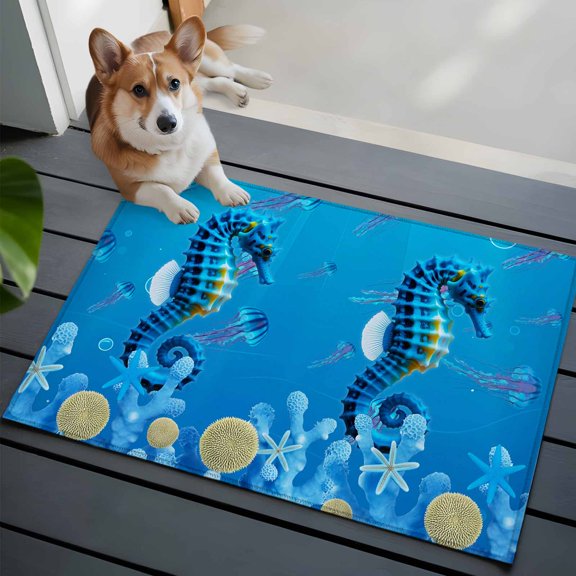 Summer Coastal Front Door Rugs 2x3 ft Ocean Blue Seahorse Jellyfish Nautical Coral Bubble Small Rug for Entryway Non Slip Washable Bathroom Door Mat Absorbent Floor Mat for Indoor Entrance