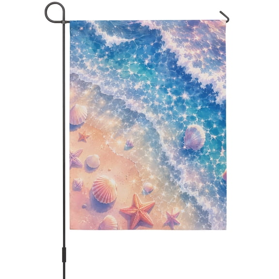 Summer Coastal Garden Flags For Outdoor, Watercolor Ocean Beach Starfish Sparkling Seafoam Small Double Side Yard Flags Weather Proof Garden Decor for Lawn Outside Holiday 12 x 18 Inches