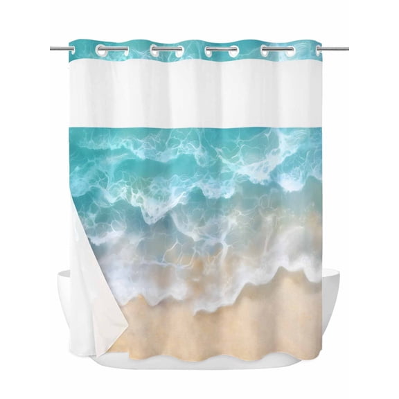 Summer Coastal No Hook Shower Curtain and Liner Set Teal Beach Ocean Wave Shower Curtains with Snap-in Liner & See Through Top Window Hotel Style for Bathroom Decor 72x78 Inch