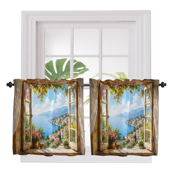 Summer Coastal Island 2 Panel Kitchen Curtains for Small Windows, Farmhouse Windows Rustic Floral Bathroom Tier Curtain, Short Window Treatment for Bedroom/Living Room 55"x24"