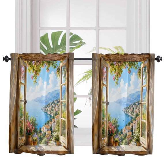 Summer Coastal Island Bathroom Window Curtain, Farmhouse Windows Rustic Floral Light Filtering Coffee Kitchen Curtains, Bedroom Living Room Curtains 2 Panel 84"x45"
