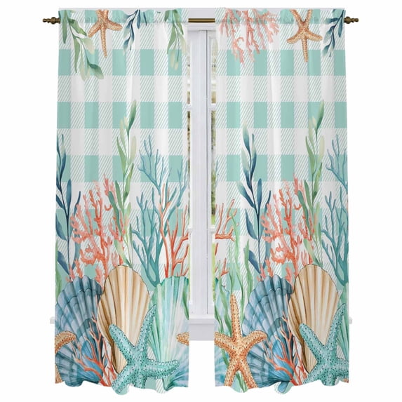 Summer Coastal Kitchen Curtain for Berdoom Living Room Cafe 72 Inch Length, Watercolor Corals Shells Starfish Green Plaid Tiers Curtains Light Filtering Drapes Window Treatment 2 Panels 52"Wx72"L
