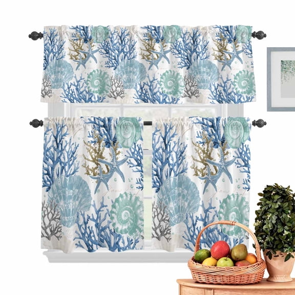Summer Coastal Kitchen Curtains Valances 3 Piece Set, Starfish Shell Coral Rod Pocket Tier Curtain and Valance Drapes for Small Window 24 Inch Length for Bedroom Cafe
