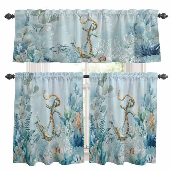 Summer Coastal Kitchen Curtains Valances and Tiers Set of 3 Ocean Seaweed Anchor Nautical Coral Bubble Tier Curtains and Valance with Rod Pocket for Small Windows, 27.5"x24"