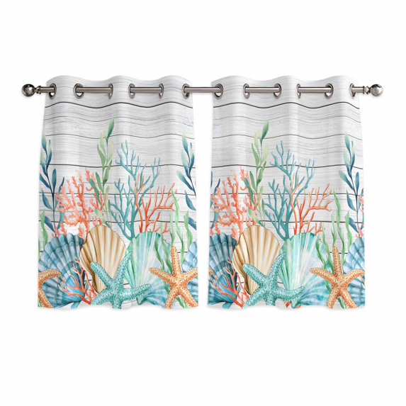 Summer Coastal Kitchen Curtains Window Panels, Nautical Sea Coral Shell Starfish Wood Gray Insulated Window Treatment Curtain, Grommet Curtains for Bedroom/Living Room/Bathroom, 2 Piece 52"Wx45"L