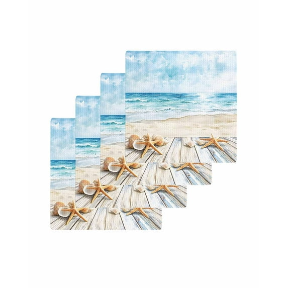 Summer Coastal Kitchen Dish Towels for Drying Dishes Set of 4, Watercolor Ocean Waves Seaside Starfish Waffle Weave Microfiber Terry Hand Tea Bathroom Towels Quick Dry & Absorbent Towel 12x12
