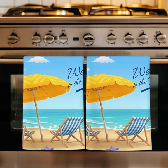 Summer Coastal Kitchen Towels Set of 2, Ocean Beach Vacation Wave Blue Brown Absorbent Dish Towels for Kitchen, Microfiber Hand Towel, Quick Drying Tea Towel for Cleaning Decorative Dishcloths