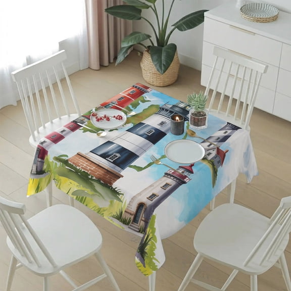 Summer Coastal Nautical Lighthouse Table Cloth 54x54in, Waterproof Square Tablecloth Wipeable Tablecloths Ocean Beach Theme Table Covers for Dining Tables Party Indoor Outdoor