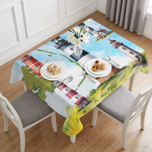 Summer Coastal Nautical Lighthouse Table Cloth 60x84in, Waterproof Rectangle Tablecloth Wipeable Tablecloths Ocean Beach Theme Table Covers for Dining Tables Party Indoor Outdoor