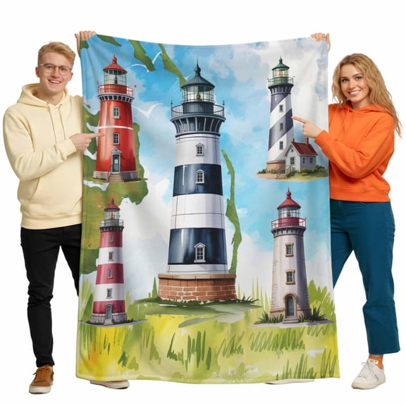 Summer Coastal Nautical Lighthouse Throw Blanket Flannel Fleece Throws, Ocean Beach Theme Lightweight Super Soft Warm Blankets for Couch Sofa Bed All Season Use,30x40 IN