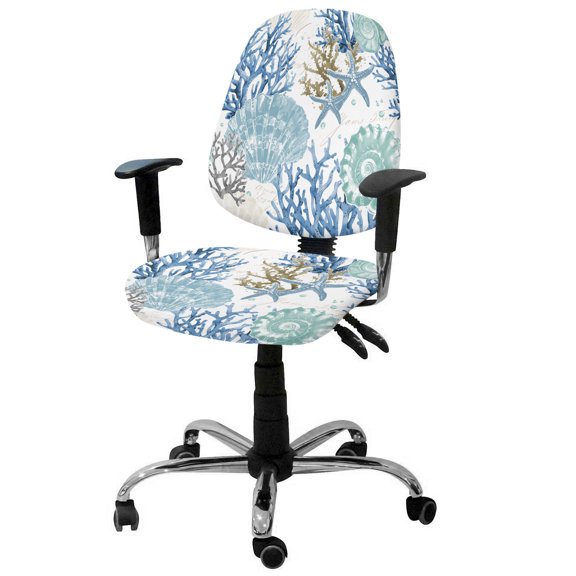 Summer Coastal Office Chair Covers Stretchable Starfish Shell Coral Watercolor Blue Ocean Split Computer Desk Chair Cover Universal Spandex Chair Seat Covers Rotating Boss Arm Chair Slipcovers