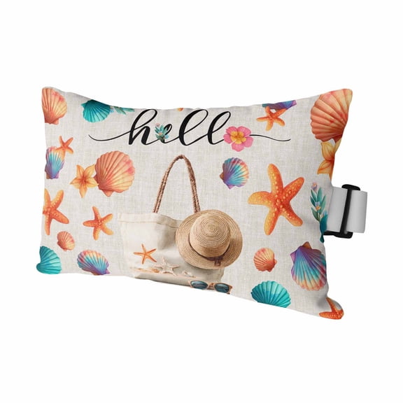 Summer Coastal Outdoor Pillows for Chaise Lounge Chair Waterproof Lumbar Pillows with Insert&Adjustable Strap Beach Headrest Pillow Ocean Starfish Shells Bags Hat Floral Beige Pool Pillow 11"x16"