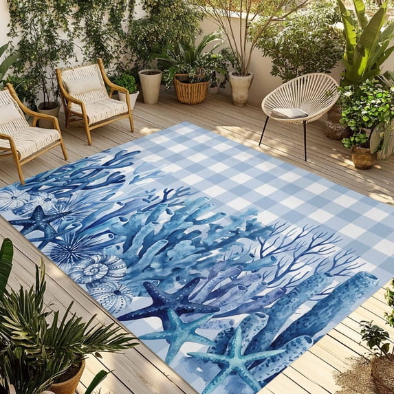 Summer Coastal Outdoor Rug for Patio/Deck/Porch, Non-Slip Large Area Rug 5 x 7 Ft, Watercolor Ocean Coral Starfish Conch Blue Plaid Indoor Outdoor Rugs Washable Area Rugs, Camping Rug Carpet Runner