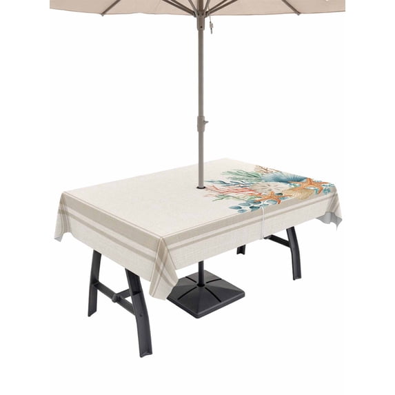 Summer Coastal Outdoor Tablecloth - 54x80 Inch Rectangle Dining Table Cover, Nautical Beach Marine Life Beige Striped Waterproof Outdoor Table Cloth with Umbrella Hole & Zipper for Picnic/Patio/Party