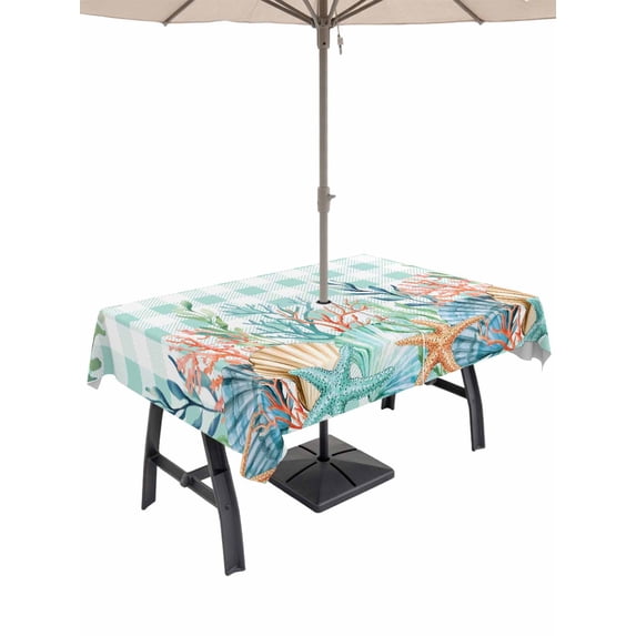 Summer Coastal Outdoor Tablecloth - 60x120 Inch Rectangle Dining Table Cover, Watercolor Corals Shells Starfish Green Plaid Waterproof Outdoor Table Cloth with Umbrella Hole & Zipper for Picnic/Patio
