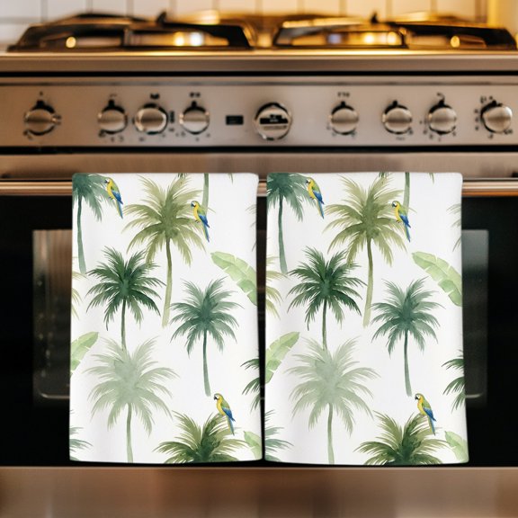 Summer Coastal Palm Tree Kitchen Towels Set of 2, Beach Tropical Plants Leaves Absorbent Dish Towels for Kitchen, Microfiber Hand Towel, Quick Drying Tea Towel for Cleaning Decorative Dishcloths