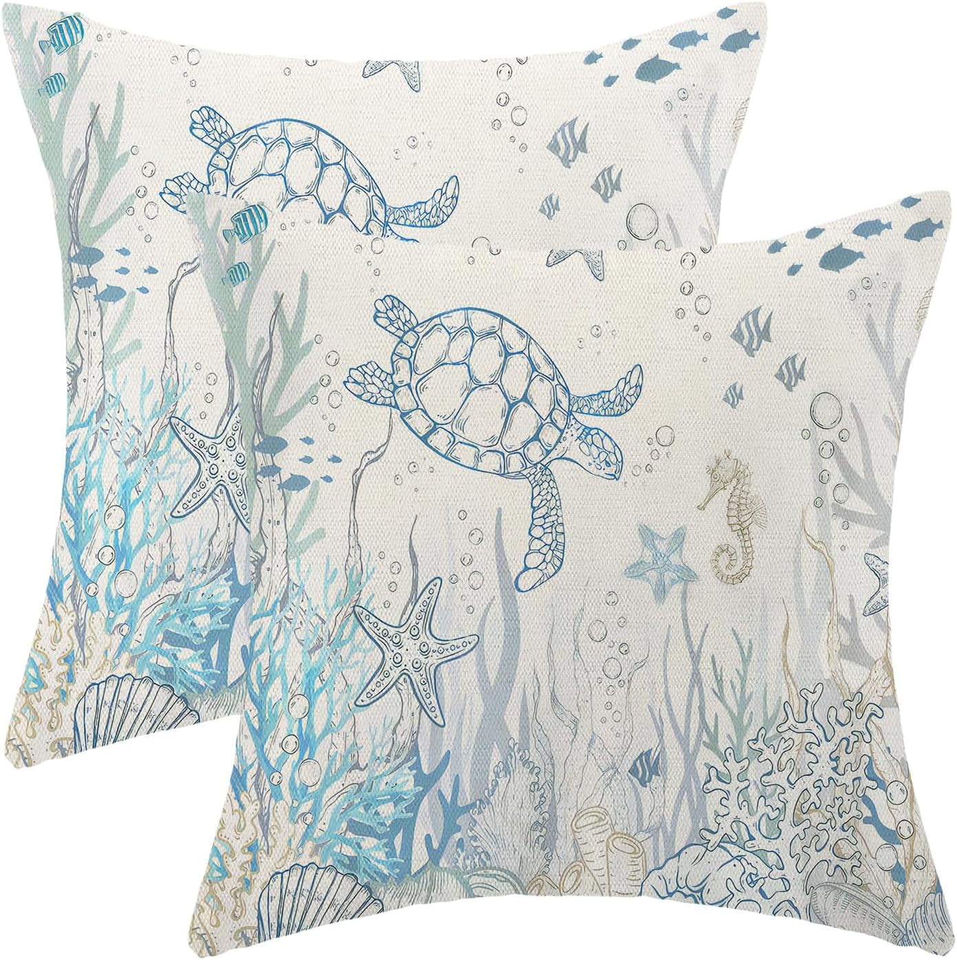 Summer Coastal Pillow Covers 18x18 Pack of 2 Ocean Themed Turtle Coral Starfish Seashell Throw ...
