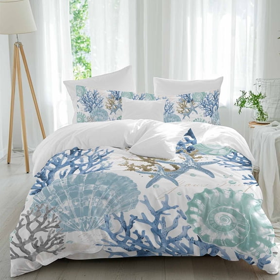 Summer Coastal Queen Size Comforter Set, Starfish Shell Coral Watercolor Blue Ocean Bedding for All Seasons, 4 Pcs Bed Set, 1Quiltcover (90"x92") ,1Sheet(94"x116"), 2Pillowcases (30"x20")