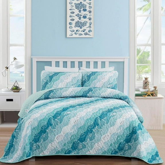 Summer Coastal Quilt Set Queen Size, Blue Green Ocean Beach Themed Bedding Set Seawave Seashell Conch Starfish Microfiber Lightweight Bedspread Coverlet Bed Set All Season (96x90 Inch)