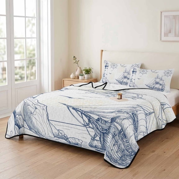 Summer Coastal Retro Lighthouse 3 Pieces Quilt Set,1 Quilt with 2 Shams,Sailboat Compass Anchor Bedspread Soft Lightweight Bedding Coverlet Comforter Set for All Season 90"x96"