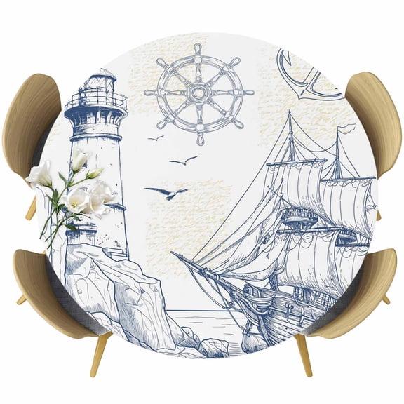 Summer Coastal Retro Lighthouse Fitted Round Tablecloths Table Covers 36"-44",Waterproof Table Cloth for Kitchen Holiday Party Tables Decor