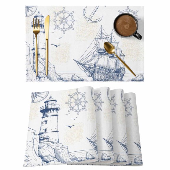 Summer Coastal Retro Lighthouse Placemats Set of 6,Wipeable Washable Table Mats for Dining Tables, Sailboat Compass Anchor Place Mats for Kitchen Event Party Tabletop Decor