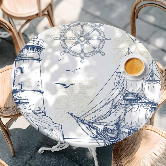 Summer Coastal Retro Lighthouse Round Fitted Tablecloth with Elastic Edge,Waterproof Table Cloth Fits Tables Up to 36"-44",Wipeable Washable Table Cover for Indoor Outdoor,Sailboat Compass Anchor