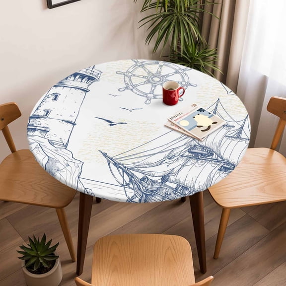 Summer Coastal Retro Lighthouse Round Fitted Tablecloth with Elastic Edge,Waterproof Table Cloth Fits Tables Up to 45"-54",Wipeable Washable Table Cover for Indoor Outdoor,Sailboat Compass Anchor