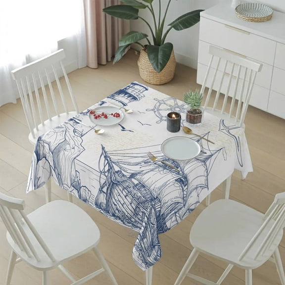 Summer Coastal Retro Lighthouse Table Cloth 54x54in, Waterproof Square Tablecloth Wipeable Tablecloths Sailboat Compass Anchor Table Covers for Dining Tables Party Indoor Outdoor