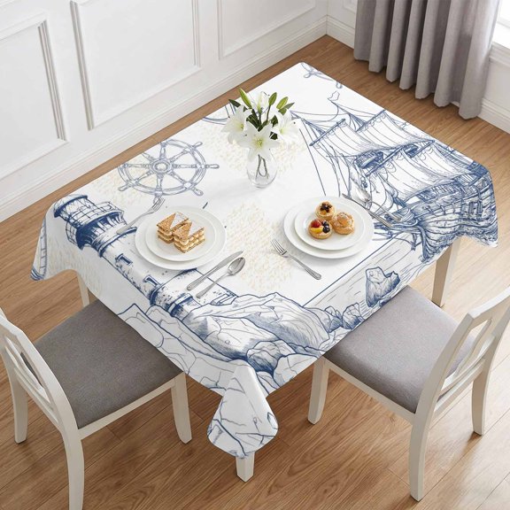 Summer Coastal Retro Lighthouse Table Cloth 60x84in, Waterproof Rectangle Tablecloth Wipeable Tablecloths Sailboat Compass Anchor Table Covers for Dining Tables Party Indoor Outdoor