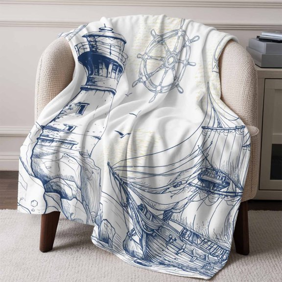 Summer Coastal Retro Lighthouse Throw Blanket Flannel Fleece Throws, Sailboat Compass Anchor Lightweight Super Soft Warm Blankets for Couch Sofa Bed All Season Use, 50x60 in