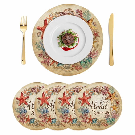 Summer Coastal Round 13 Inch Placemats Set of 4, Nautical Ocean Starfish Conch Coral Retro Brown HeatResistant Non Slip Place Mats for Dining Table, Wipeable Kitchen Table Mats for Housewarming