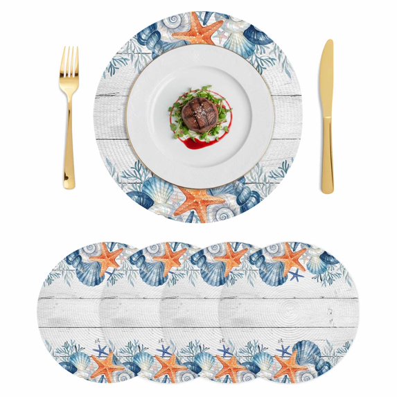 Summer Coastal Round 15 Inch Placemats Set of 4, Sea Ocean Starfish Shells Coral Conch Wood Gray HeatResistant Non Slip Place Mats for Dining Table, Wipeable Kitchen Table Mats for Housewarming