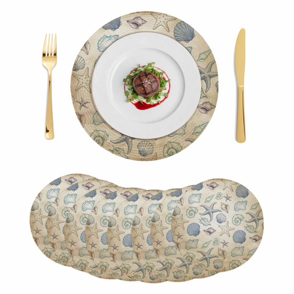 Summer Coastal Round 15 Inch Placemats Set of 8, Marine Beach Seashell Starfish Conch Beige HeatResistant Non Slip Place Mats for Dining Table, Wipeable Braided Kitchen Table Mats for Housewarming