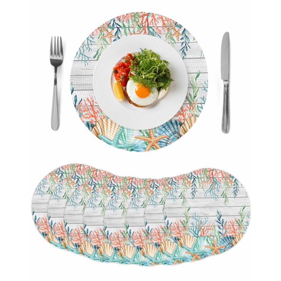 Summer Coastal Round 15 Inch Placemats Set of 8, Nautical Sea Coral Shell Starfish Wood Gray HeatResistant Non Slip Place Mats for Dining Table, Wipeable Braided Kitchen Table Mats for Housewarming